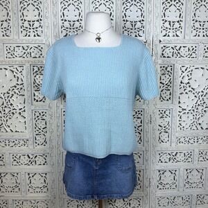 Vtg Liz Claiborne Light Baby Blue Square Neck Short Sleeve Ribbed Sweater Sz‎ L